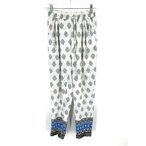 GRIFFLIN Paris White Blue Floral Print Lightweight Waist Tie Pants Size Medium